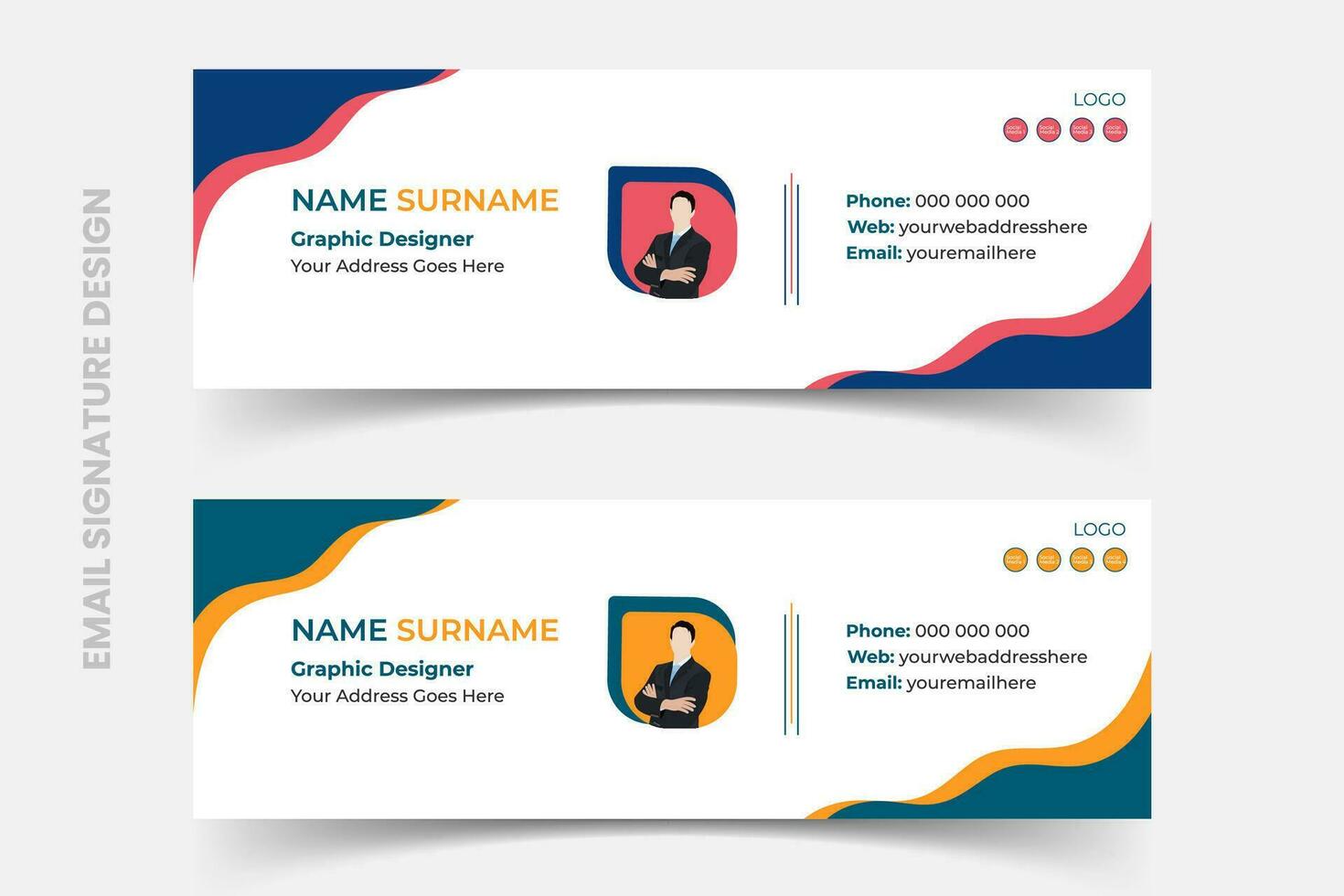 Flat and modern email signature templates, corporate email signature designs, and corporate mail business email signatures in illustration format. vector