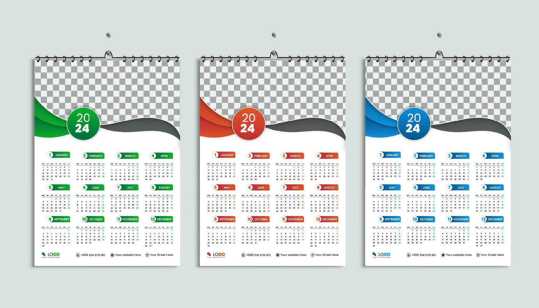 Wall calendar 2024 design template, week starts Monday, clean, elegant template schedule planner, abstract green, orange, blue gradient color luxury concept, suitable for home school, college office vector