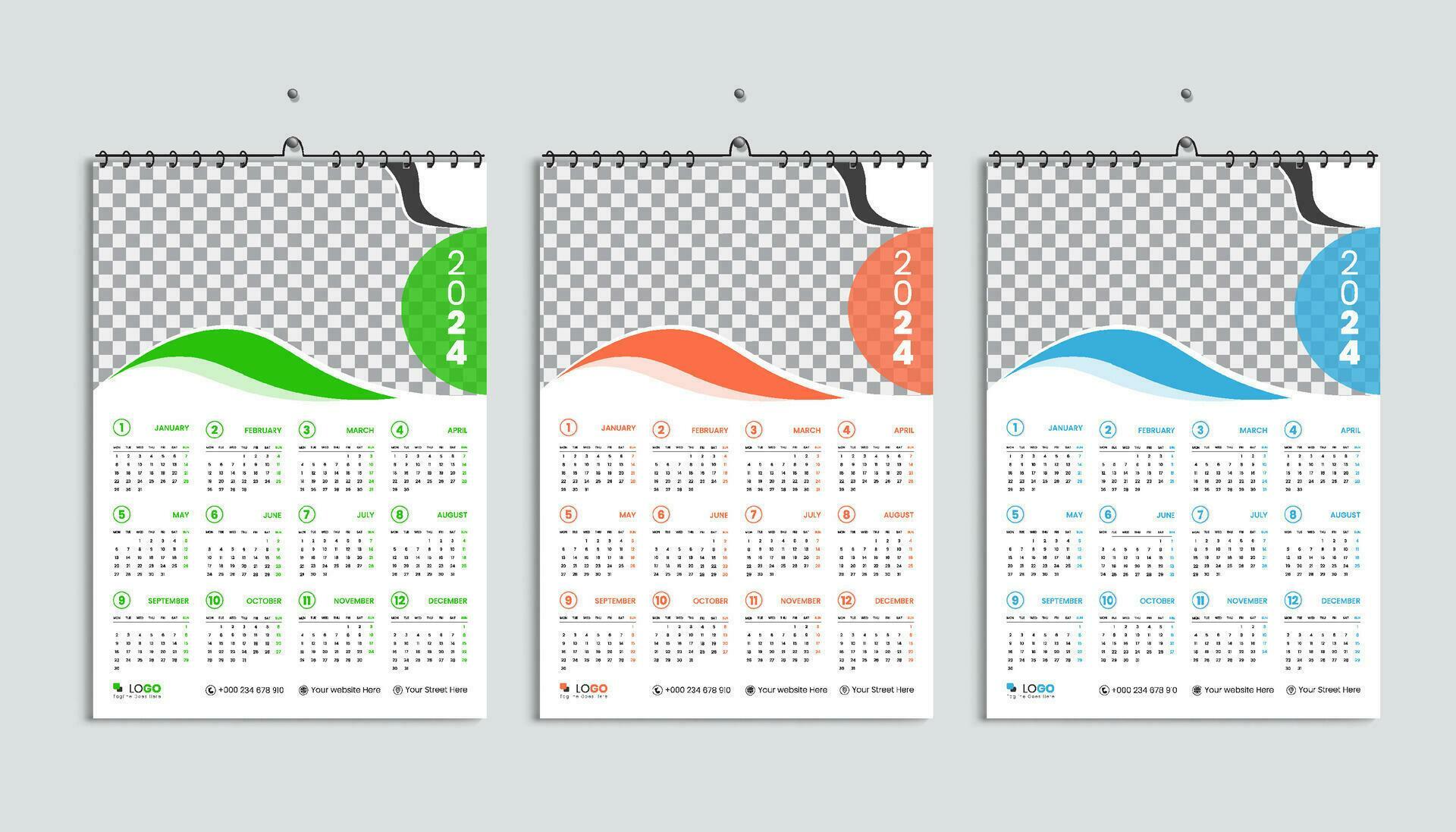 Wall calendar 2024 design template, week starting from Monday. Clean