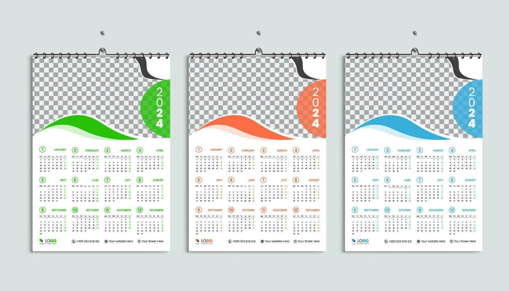 Wall calendar 2024 design template, week starting from Monday. Clean, elegant template schedule planner, abstract gradient color luxury concept, perfect use in home school college and office vector