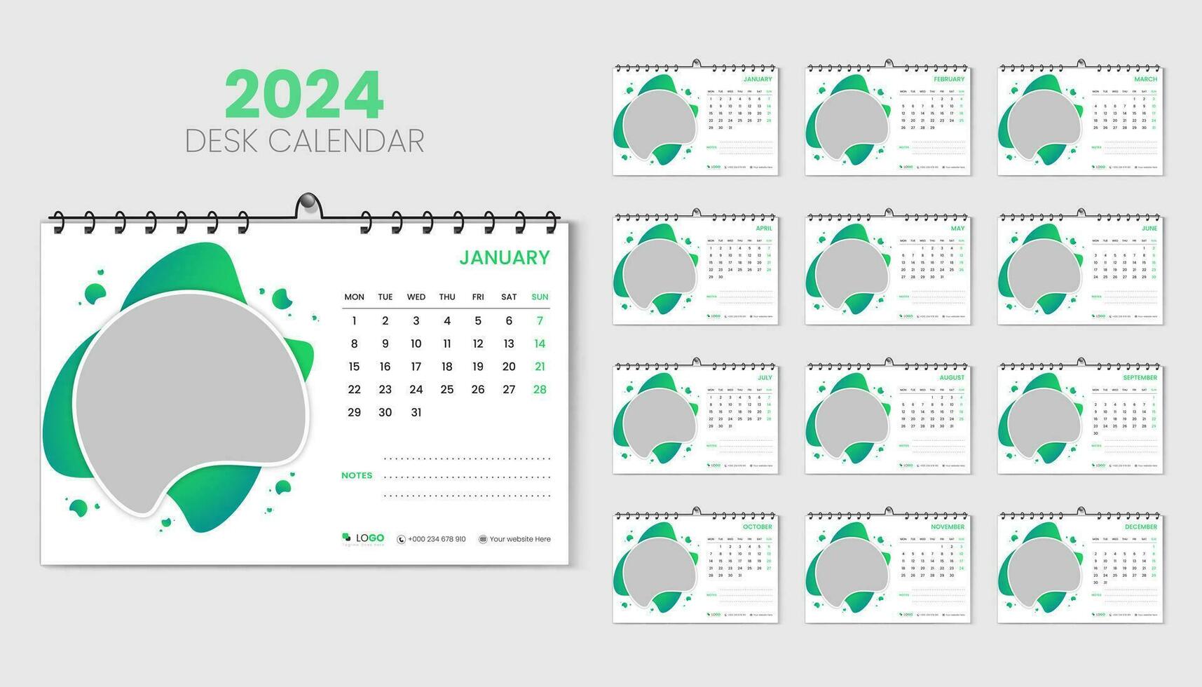 Travel desk calendar 2024 planner and corporate design template set, Annual calendar 2024 for 12 months, week starts Monday, abstract green gradient color shape with vector layout, printing, and card