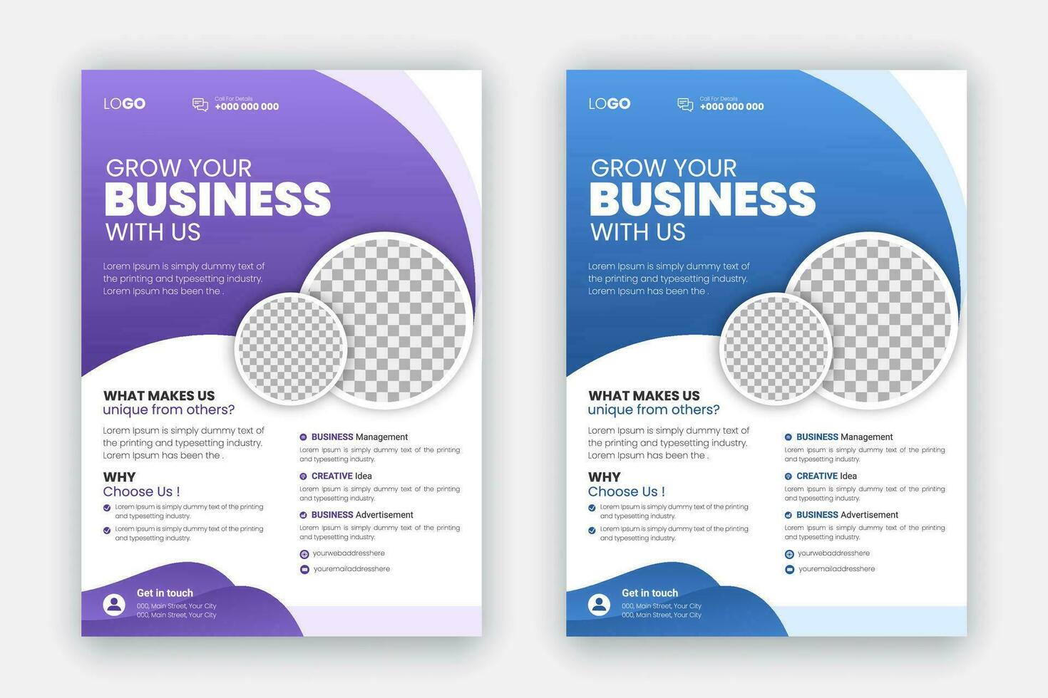 Digital marketing agency flyer set template, modern corporate creative professional and business brochure design, annual report, layout with purple and blue flyer bundle for business promotion vector