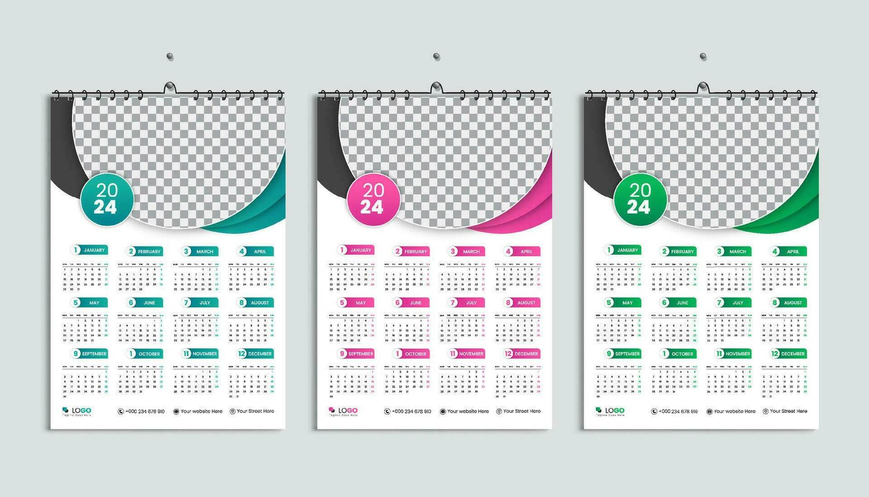 Wall calendar 2024 design template, week starts Monday, clean, elegant template schedule planner, abstract green, orange, blue gradient color luxury concept, suitable for home school, college office vector