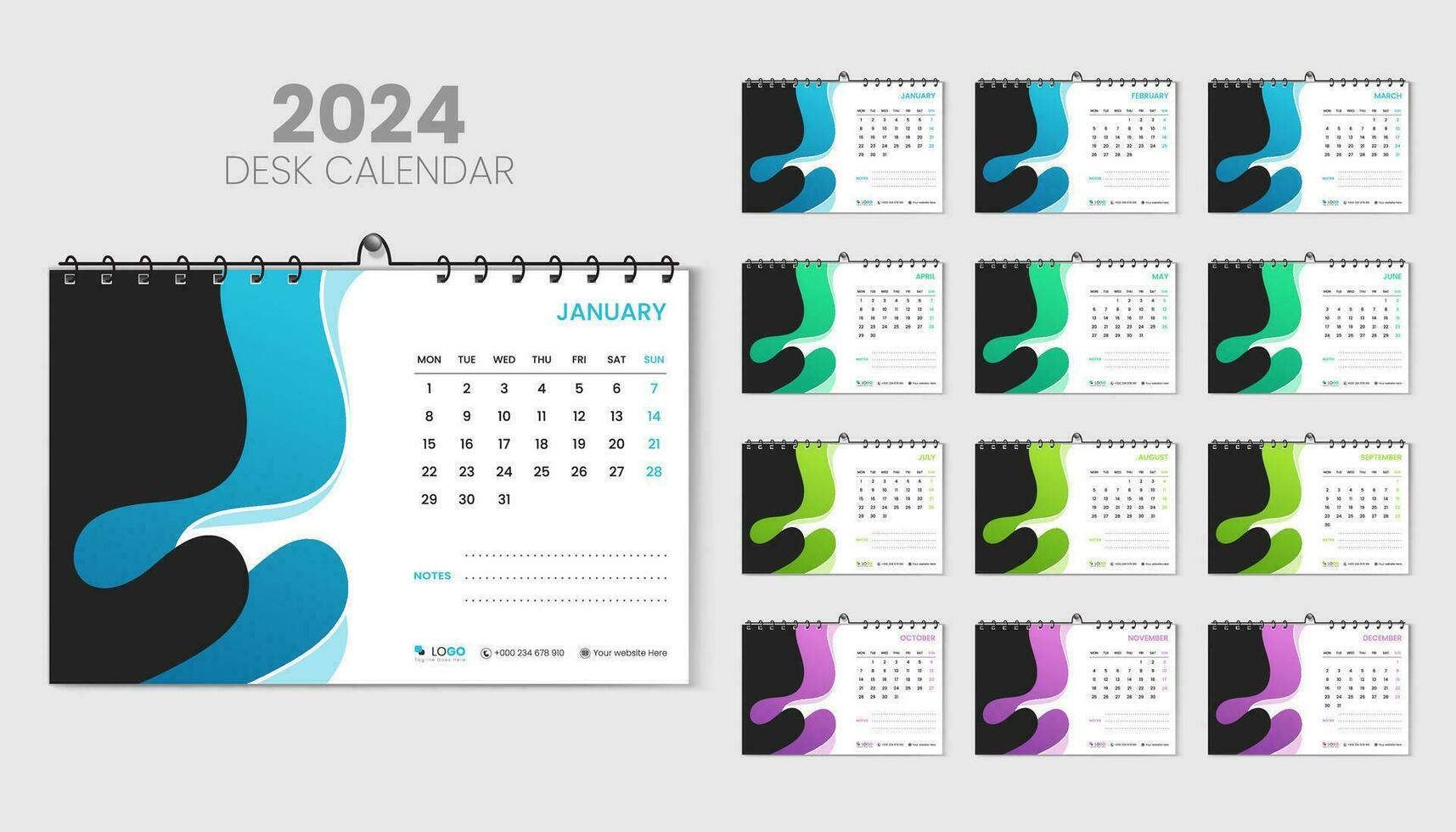 2024 calendario diseño plantilla, mínimo y de moda escritorio calendario con creativo ilustración para 2024, resumen y mezclado color forma 2024 calendario con blanco antecedentes vector