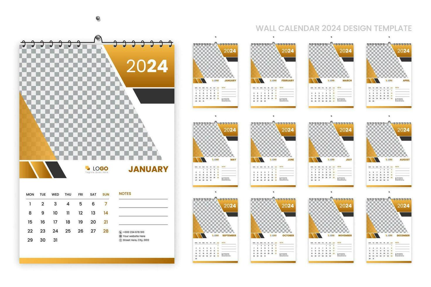 pared calendario 2024 diseño plantilla, semana comenzando desde lunes, limpio, elegante modelo calendario planificador, resumen dorado color y lujo concepto, Perfecto utilizar en hogar colegio Universidad y oficina vector