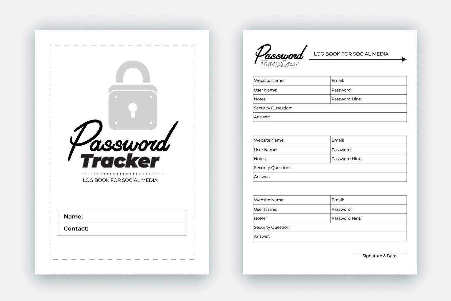 Password tracker log book design template, personal and website data format notebook, reminder journal interior with black white paper vector