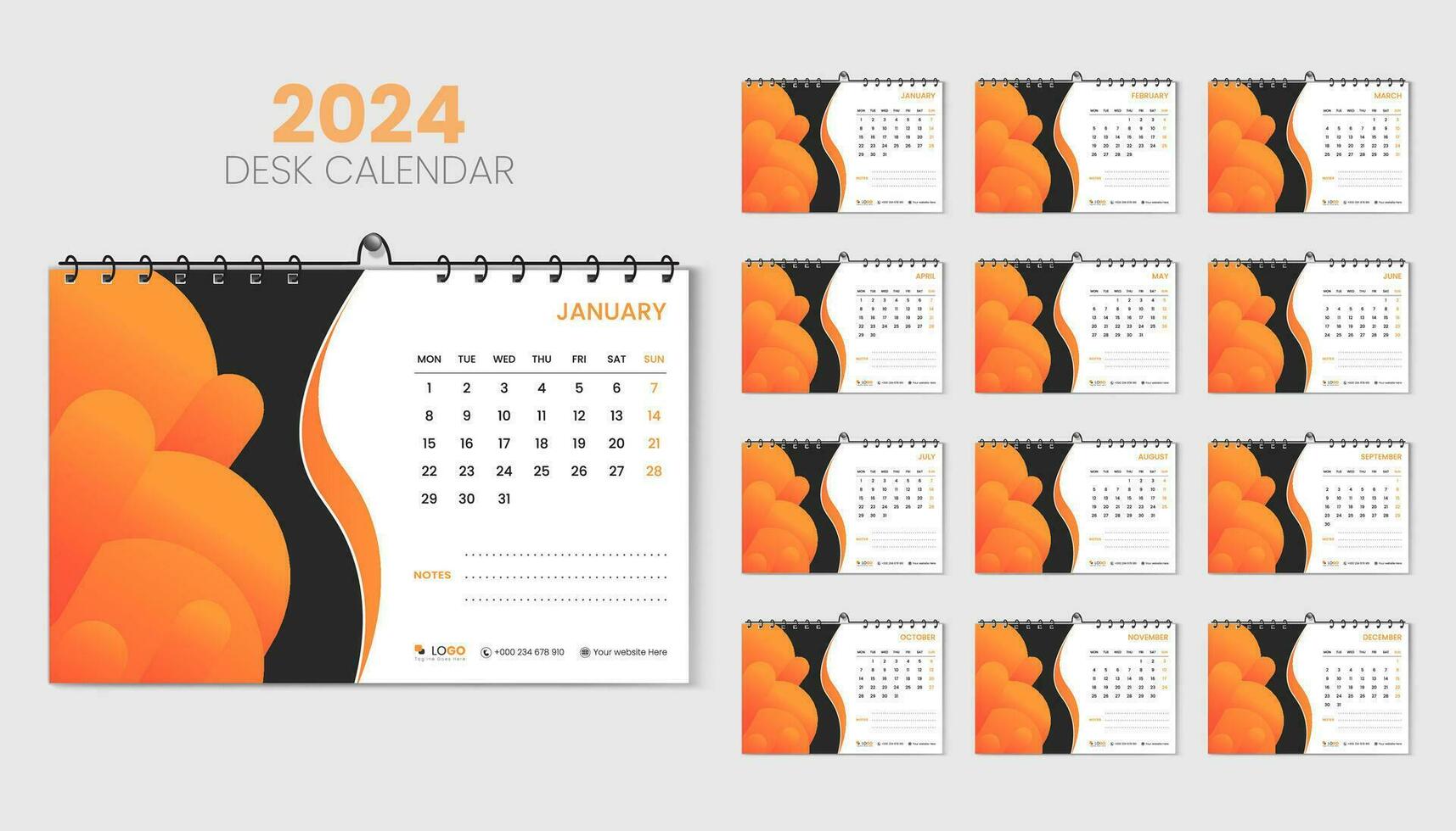 2024 calendario diseño plantilla, mínimo y de moda escritorio calendario con único ilustración para 2024, resumen y fluido vistoso forma 2024 calendario con blanco antecedentes vector