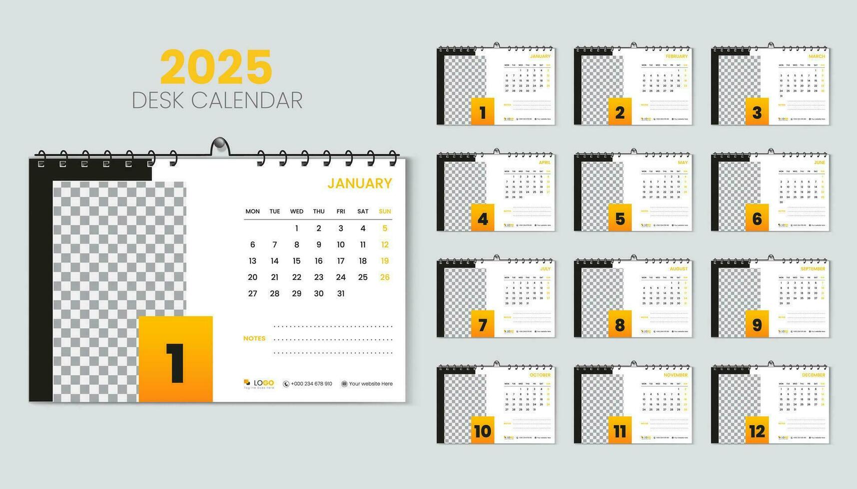 escritorio calendario 2025 planificador y corporativo diseño modelo colocar, anual calendario 2025 para 12 meses, semana empieza lunes, resumen naranja degradado color forma con vector diseño