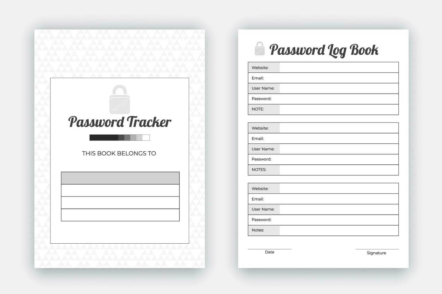 Password Log Book Template, Minimalist Planner, Printable Tracker Notebook in A4 Size, KDP interior design template to store your personal information vector