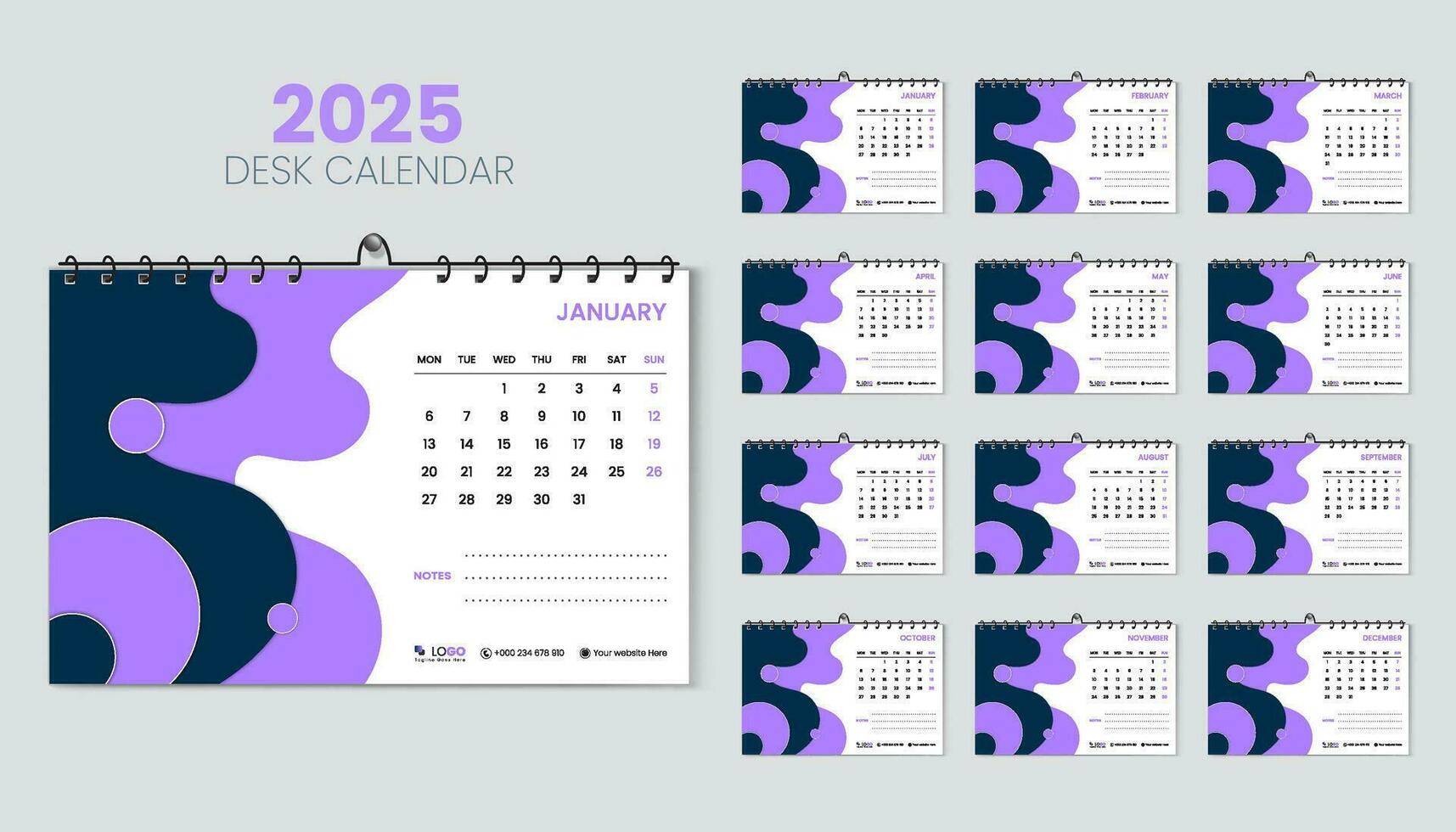 Desk calendar 2025 planner and corporate design template set, annual calendar 2025 for 12 months, week starts Monday, black color shape with abstract liquid purple gradient and vector layout