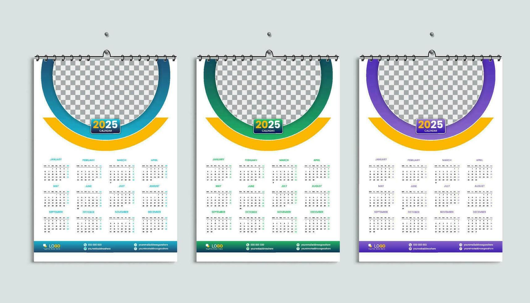 pared calendario 2025 diseño plantilla, semana comenzando desde lunes. limpio, elegante modelo calendario planificador, resumen degradado color lujo concepto, Perfecto utilizar en hogar colegio Universidad y oficina vector