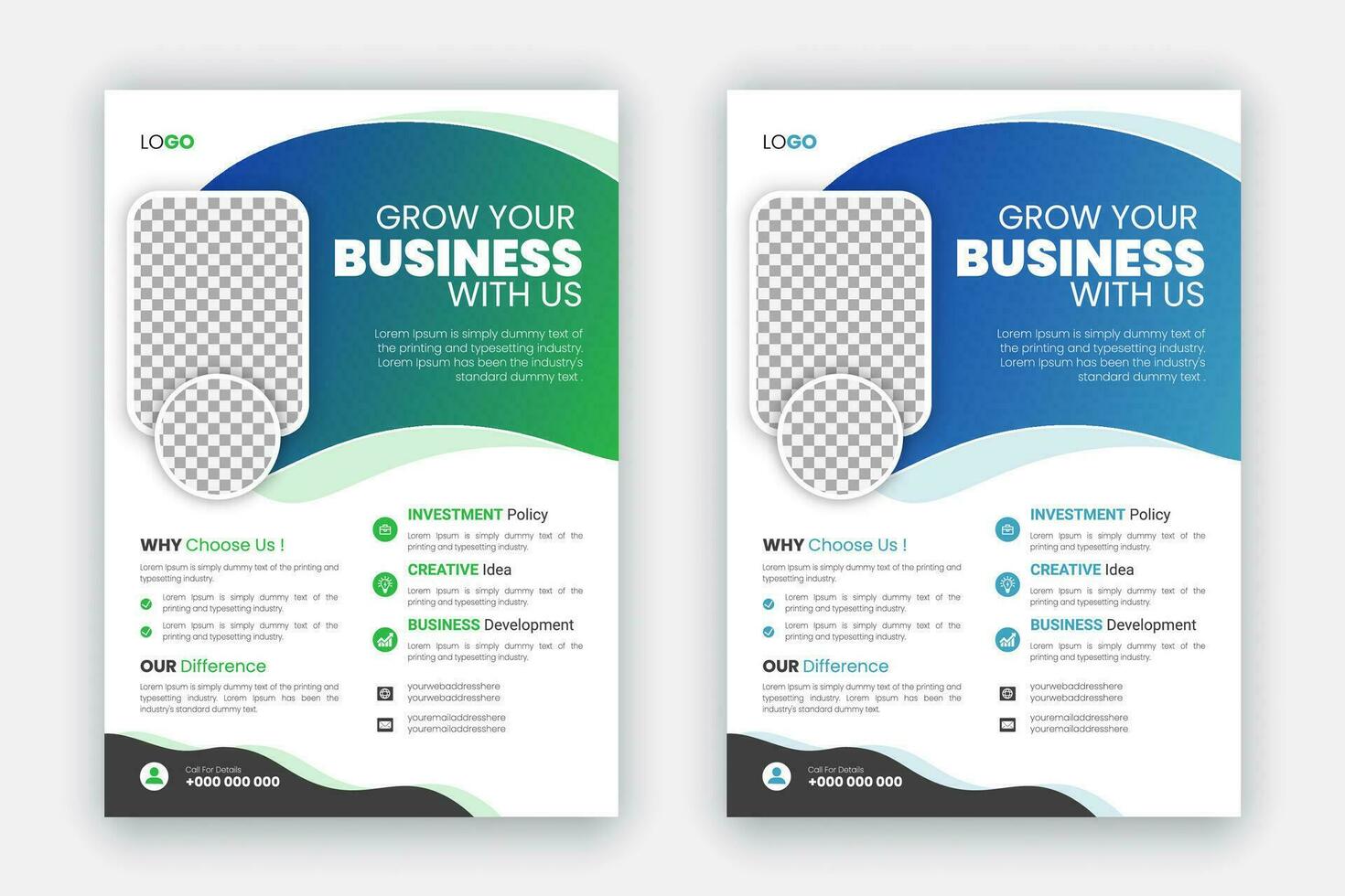 Corporate modern creative flyer set design, professional and business brochure template, leaflet, annual report, geometric layout with blue and green gradient color shapes for business promotion vector