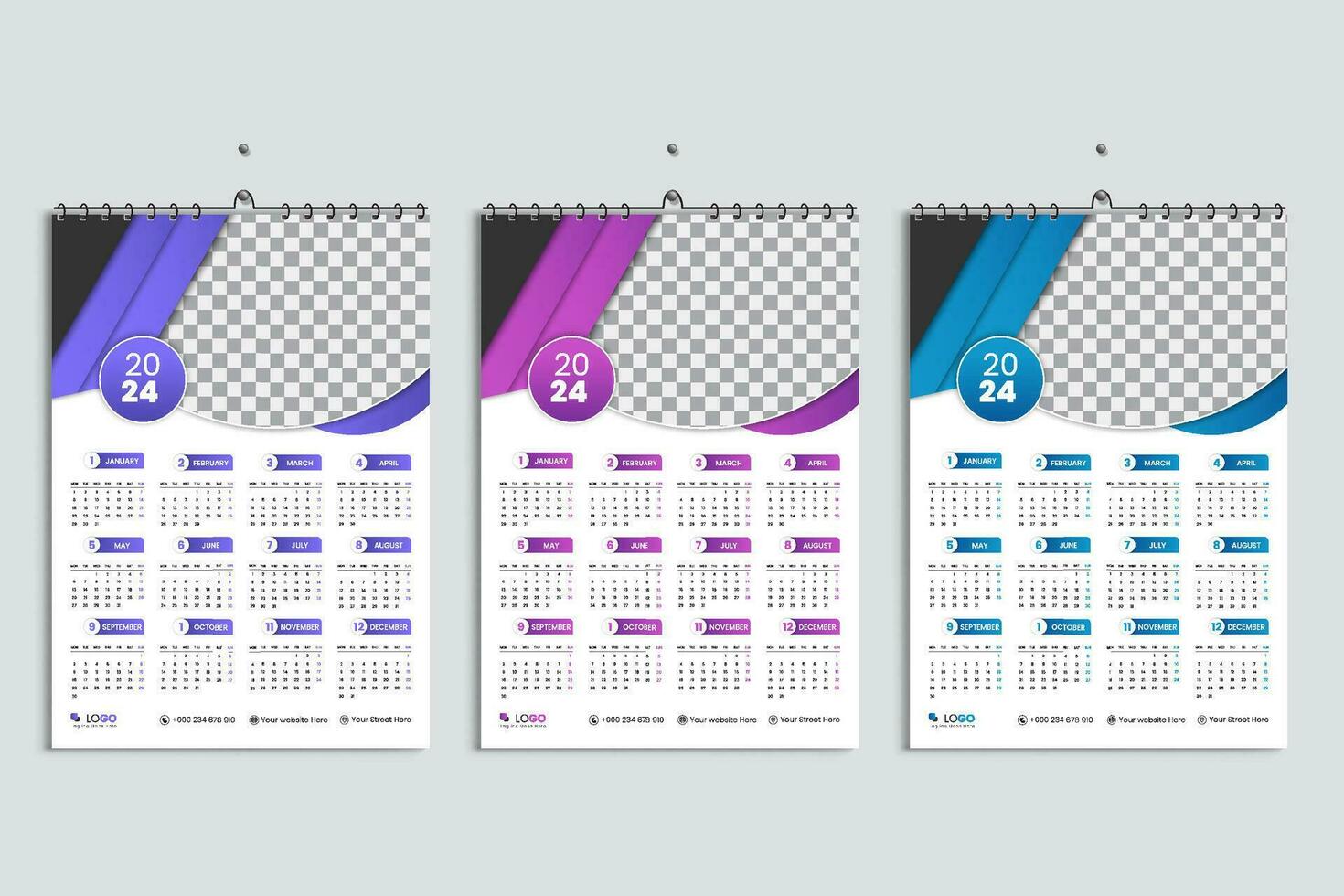 Wall calendar 2024 design template, week starting from Monday. Clean
