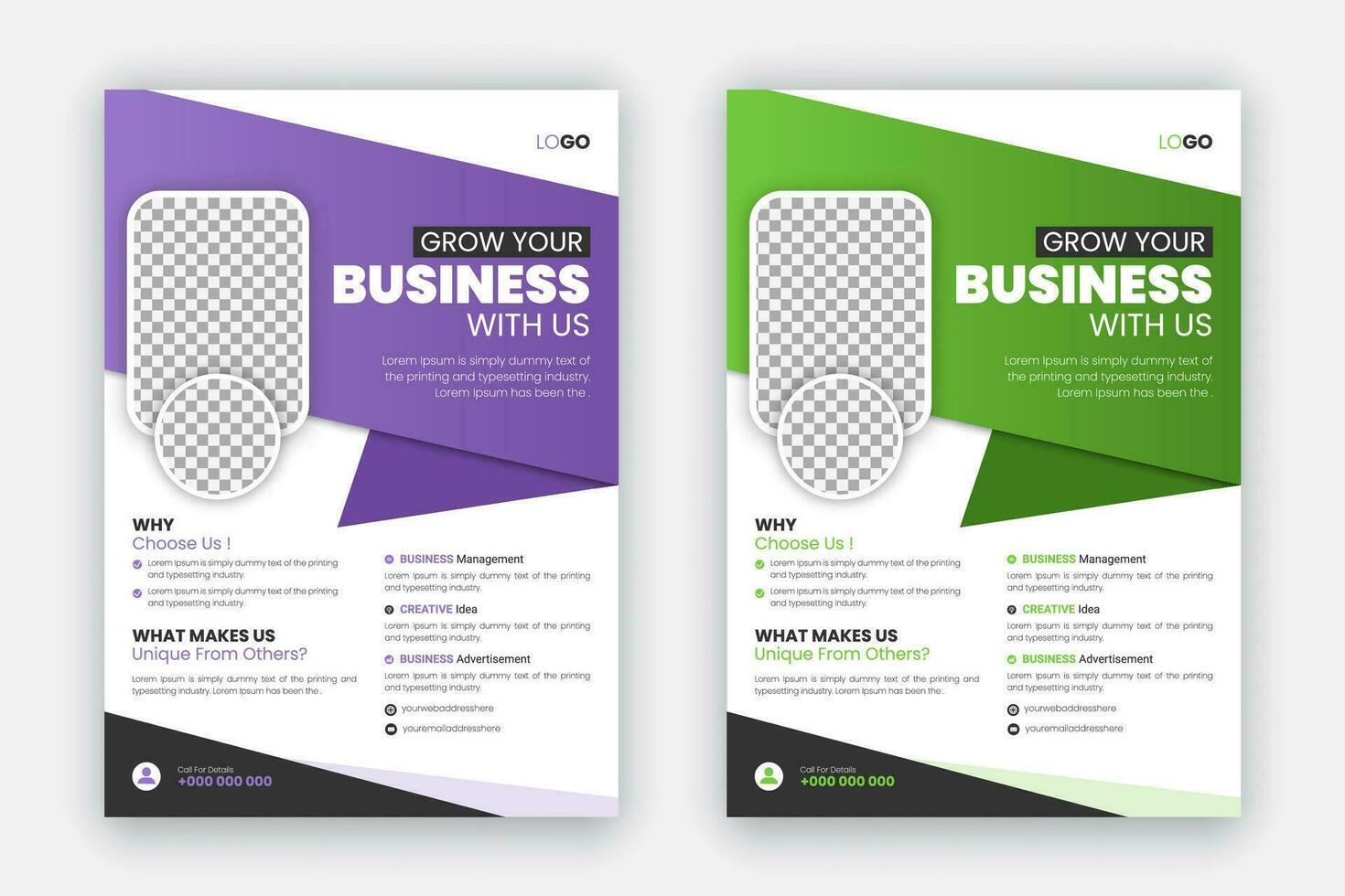 Corporate modern creative flyer set design, professional and business brochure template, leaflet, annual report, geometric layout with purple and green gradient color shapes for business promotion vector