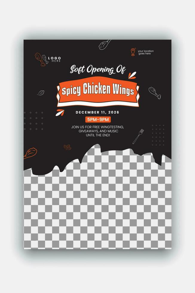 Chicken wings flyer design template for restaurant, delicious food menu discount poster or grand opening of A4 size brochure with orange color shape and black background vector