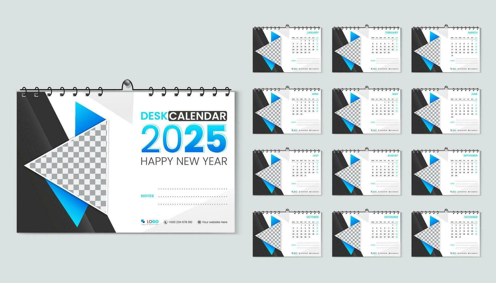 escritorio calendario 2025 planificador y corporativo diseño modelo colocar, anual calendario 2025 para 12 meses, semana empieza lunes, geométrico azul degradado color forma con vector diseño