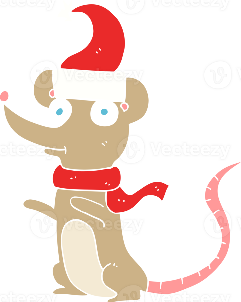flat color illustration of a cartoon mouse wearing christmas hat png