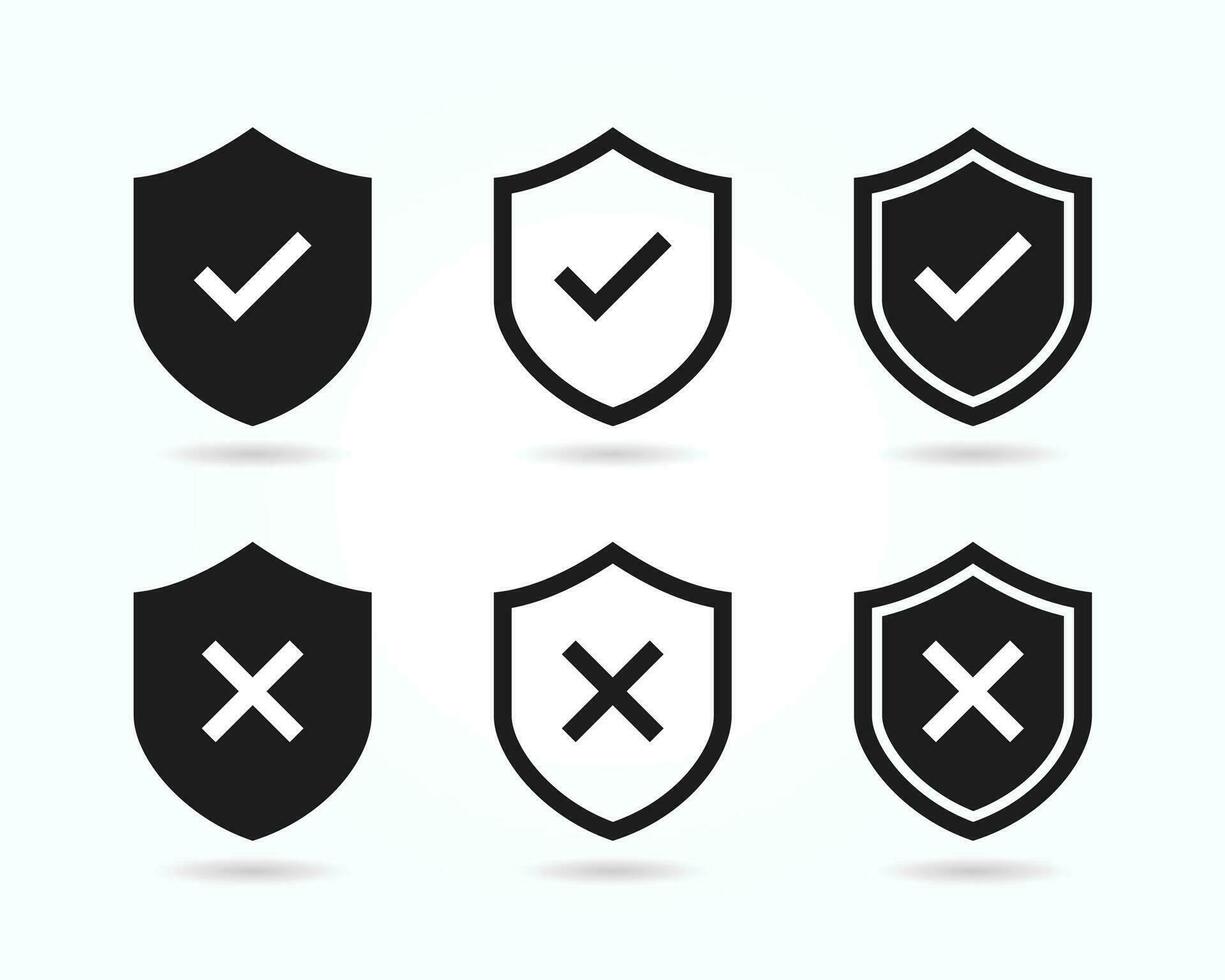 Shield with check mark and shield with cross mark icons. Tick and cross icons vector