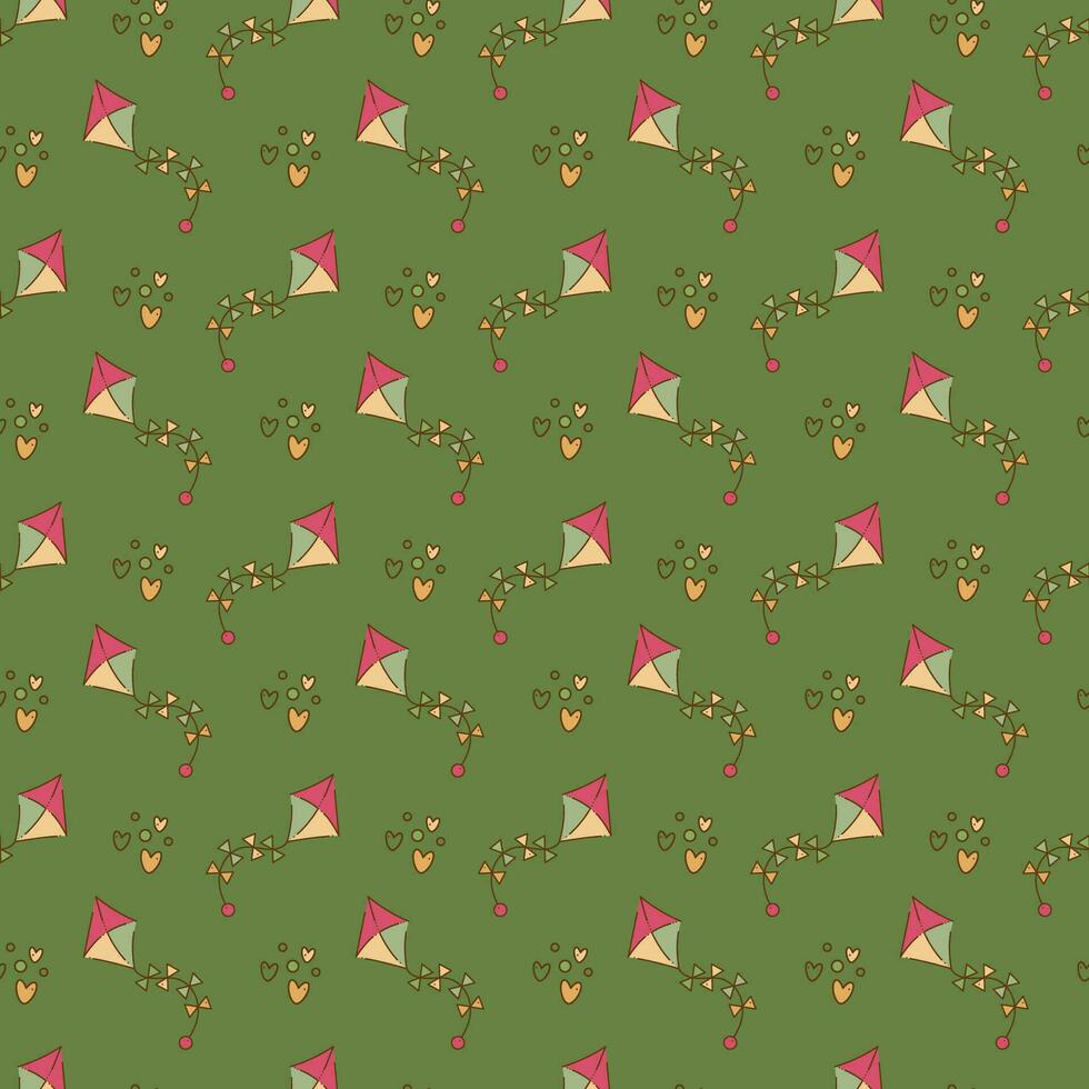 Seamless pattern with kite with bows and heart shapes. Cartoon doodle illustration. vector