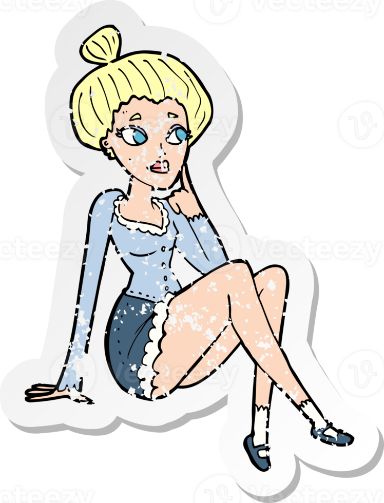 retro distressed sticker of a cartoon attractive woman sitting thinking png
