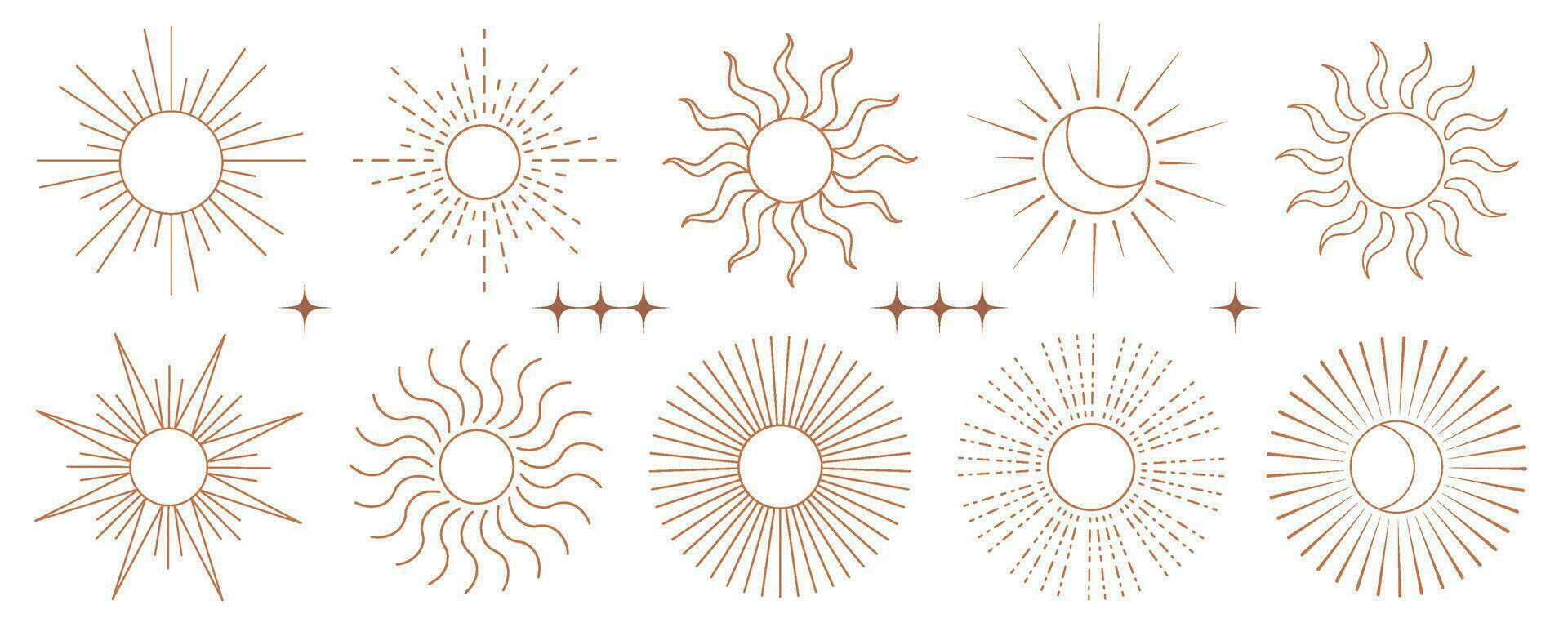 Boho sun vector logo. Outline bohemian moon with rays. Minimal magic abstract outline illustration. Yoga and astrology symbols set. Celestial tribal illustration