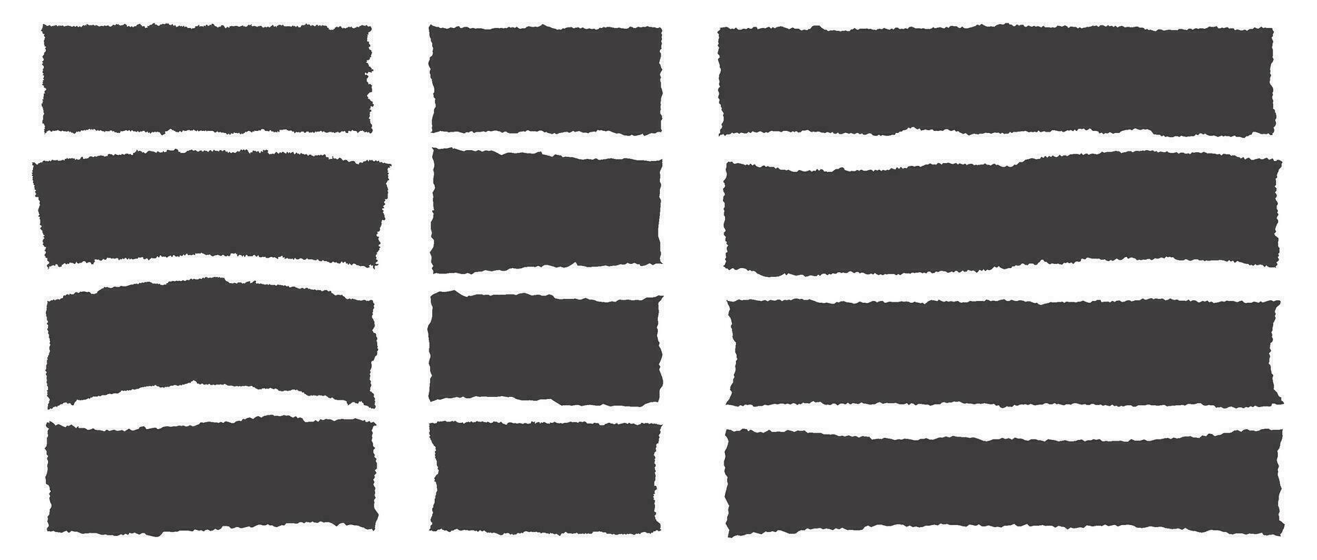 Paper rectangle with rough edge. Torn shapes with jagged border. Grunge strip background. Vector silhouettes set.