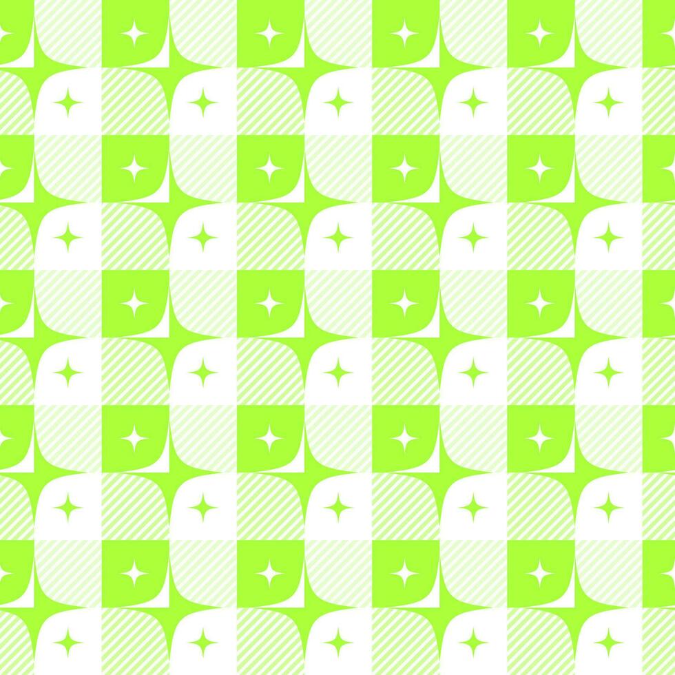 Y2k seamless pattern with sparkles. Geometric checkered vichy background with abstract stars. Vector bright green acid design