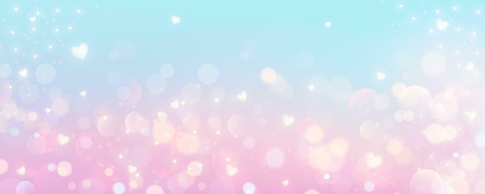 Pink background with hearts. Cute pastel unicorn wallpaper with stars and glitter. Dreamy fantasy gradient galaxy. Abstract vector template. Girly design for Valentine day backdrop.