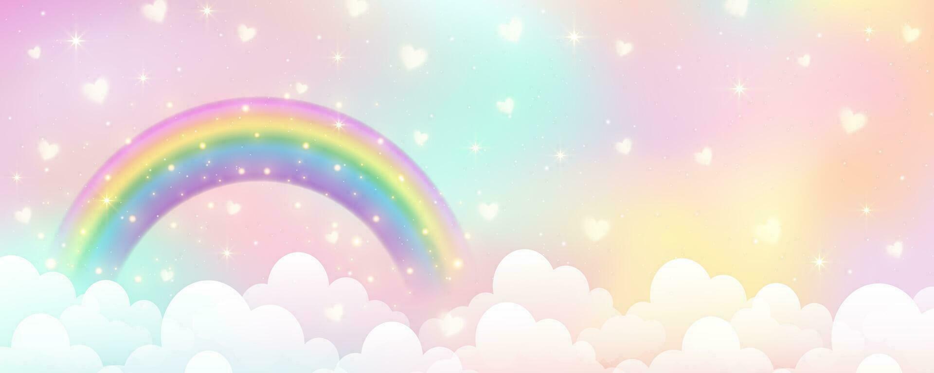 Holographic fantasy rainbow unicorn background with clouds. Pastel color sky. Magical landscape, abstract fabulous pattern. Cute candy wallpaper. Vector. vector