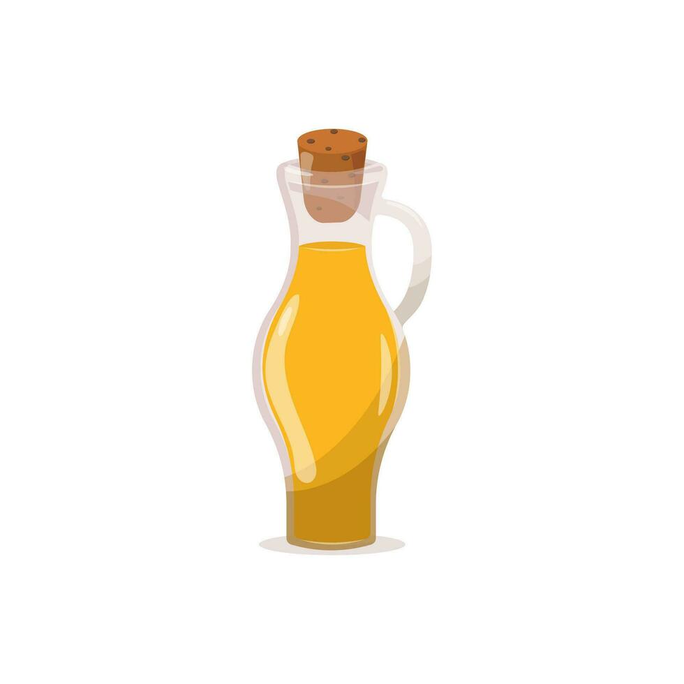 Olive oil in a glass bottle in cartoon flat style. Healthy food Vector illustration isolated on a white background.Fresh extra virgin olive oil in a glass bottle.