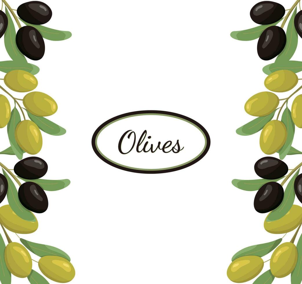 Green and black olive leaves and branches. Food illustration. Background with Cartoon flat-style olives. Vertical design template. Vector illustration.