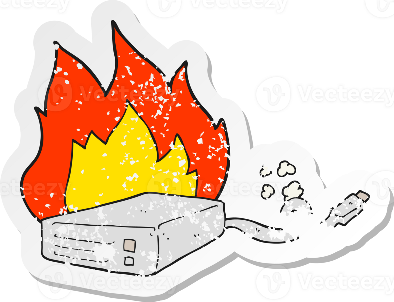 retro distressed sticker of a cartoon computer hard drive burning png