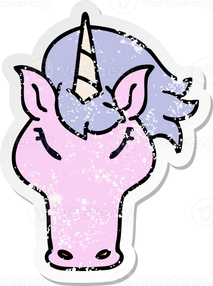 distressed sticker of a quirky hand drawn cartoon unicorn png