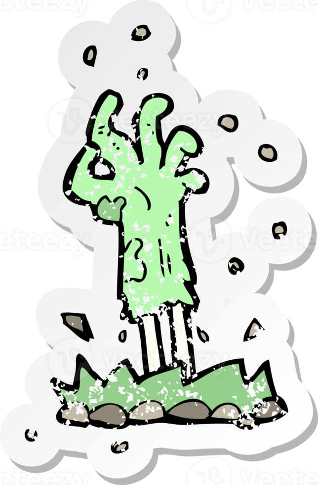 retro distressed sticker of a cartoon zombie hand rising from ground png
