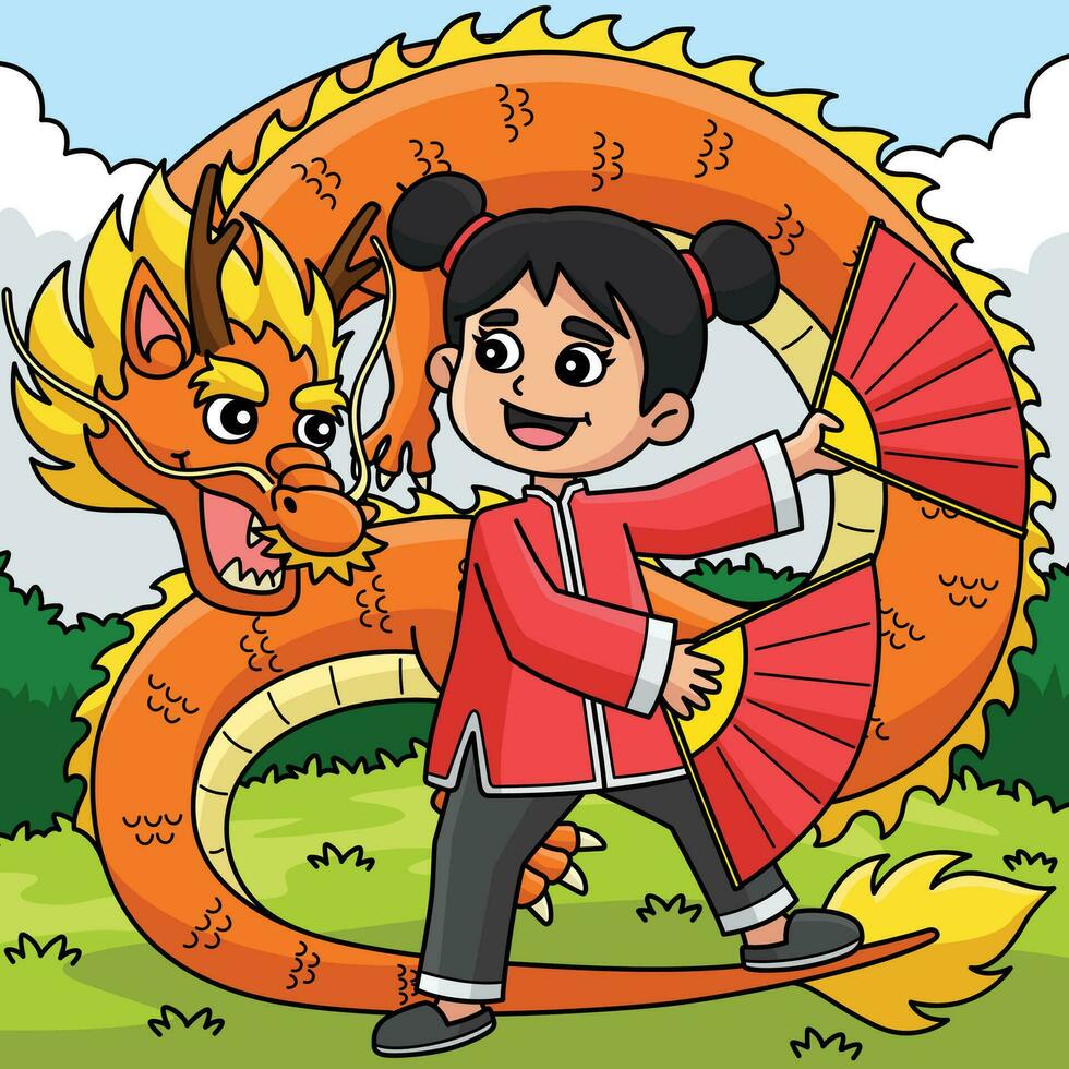 Year of the Dragon Chinese Girl Colored Cartoon vector