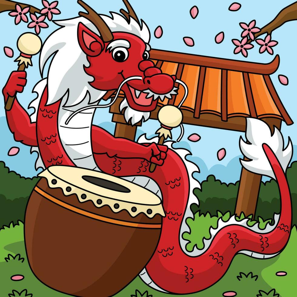 Year of the Dragon Playing Drums Colored Cartoon vector