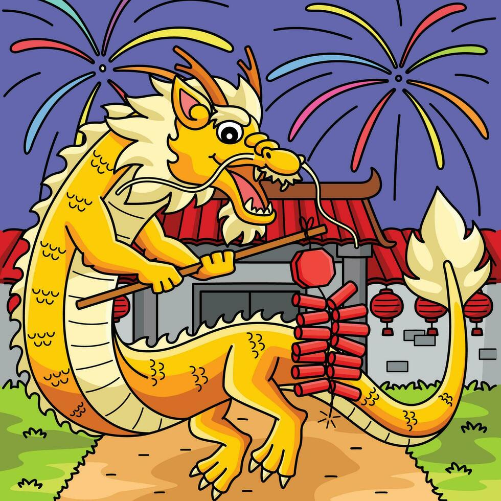 Year of the Dragon Fireworks Colored Cartoon vector