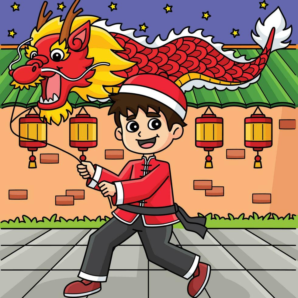 Year of the Dragon Boy with a Lantern Colored vector