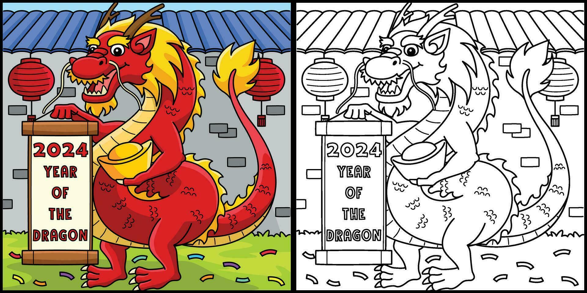 2024 Year of the Dragon Coloring Page Illustration vector