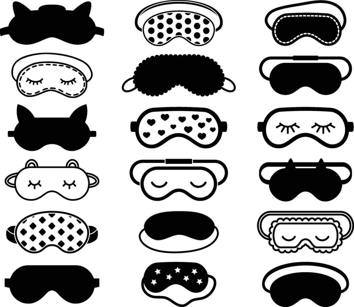 Black eye sleep mask set isolated on white background. vector