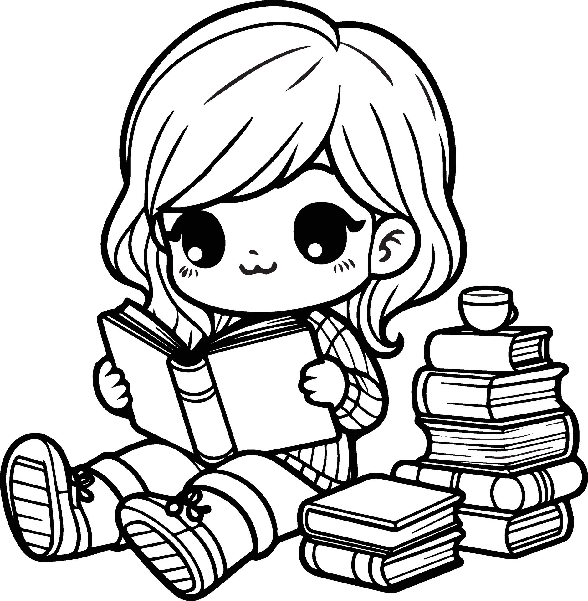 A Cute Girl Reading Book Coloring - A Cute Girl Reading Book Coloring Page Line Art Vector