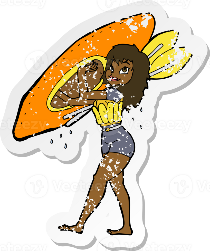 retro distressed sticker of a cartoon woman carrying canoe png