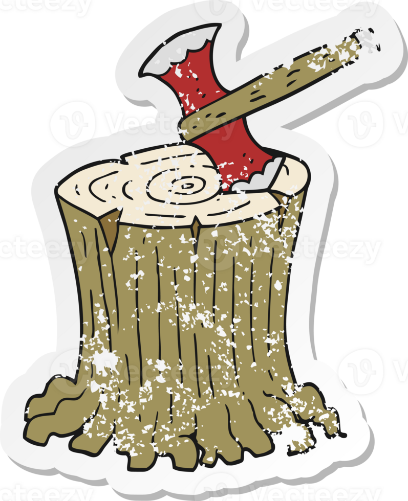 retro distressed sticker of a cartoon axe in tree stump png