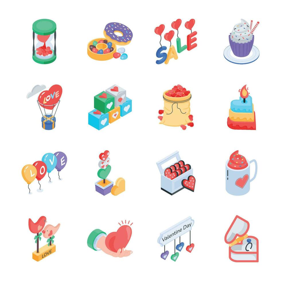 Isometric Icon Collection of Valentine and Love vector