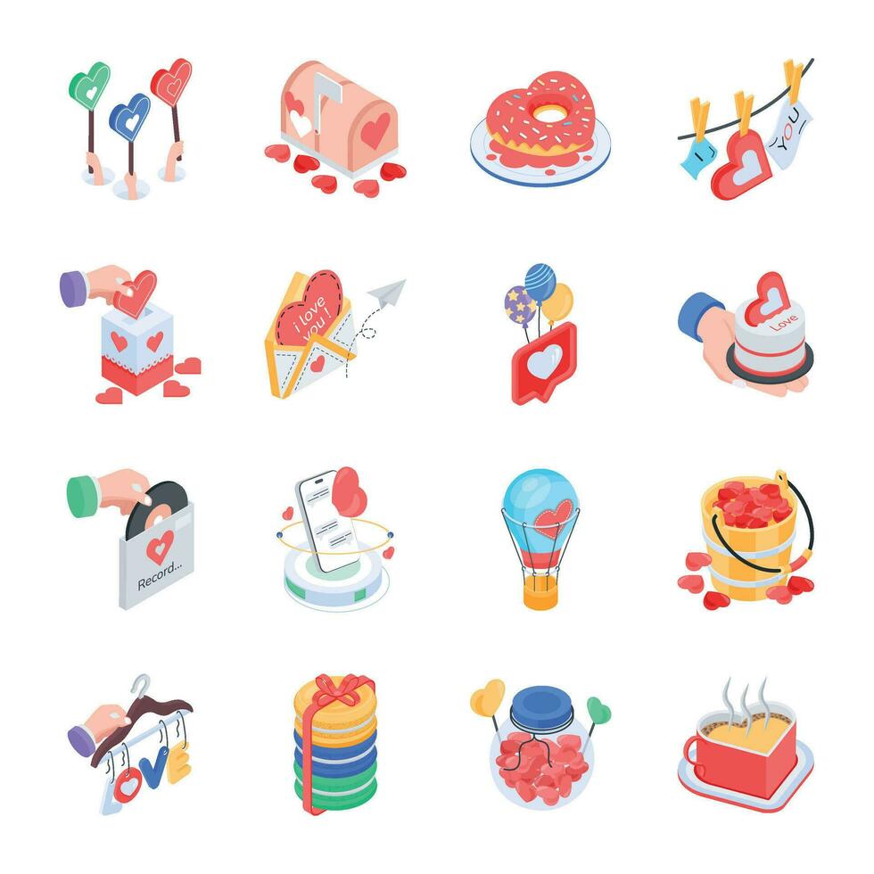 Set of Isometric Icons Depicting Valentine Celebration vector