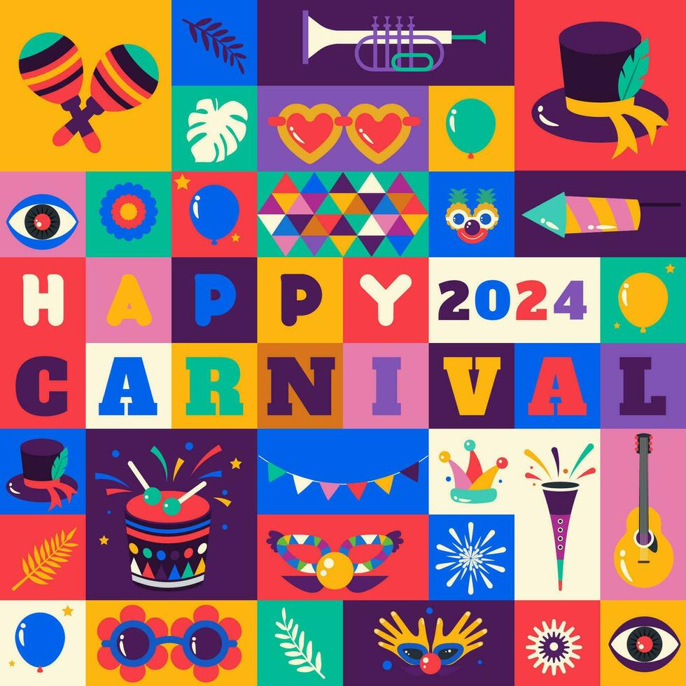 contento carnaval 2024 vistoso geométrico antecedentes con salpicaduras habla burbujas mascaras y papel picado para cubrir, póster, social medios de comunicación modelo vector