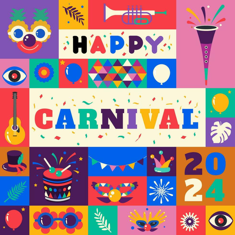Happy Carnival  2024 colorful geometric background with splashes  speech bubbles  masks and confetti for cover, poster, social media template vector