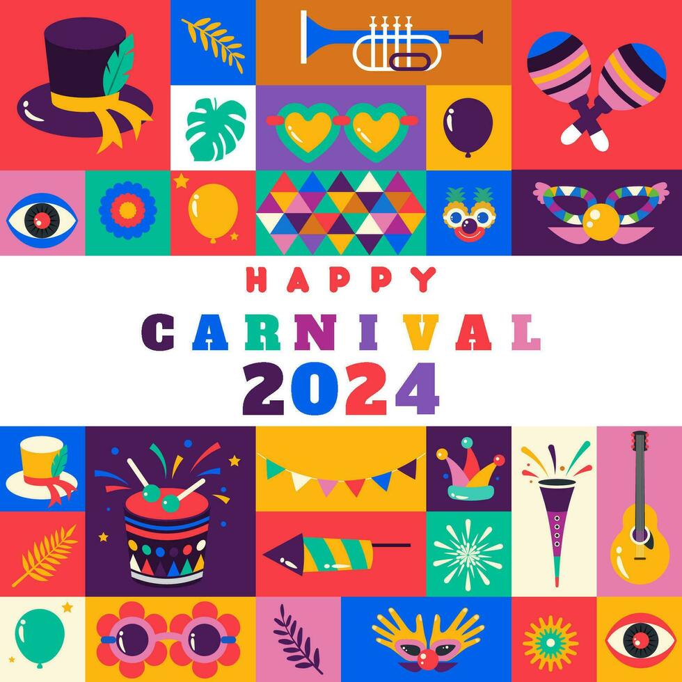 Happy Carnival  2024 colorful geometric background with splashes  speech bubbles  masks and confetti for cover, poster, social media template vector