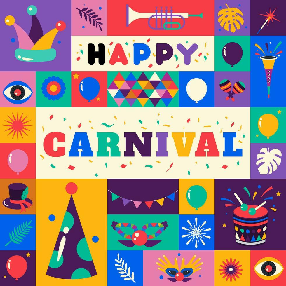 Happy Carnival  colorful geometric background with splashes  speech bubbles  masks and confetti for cover, poster, social media template vector