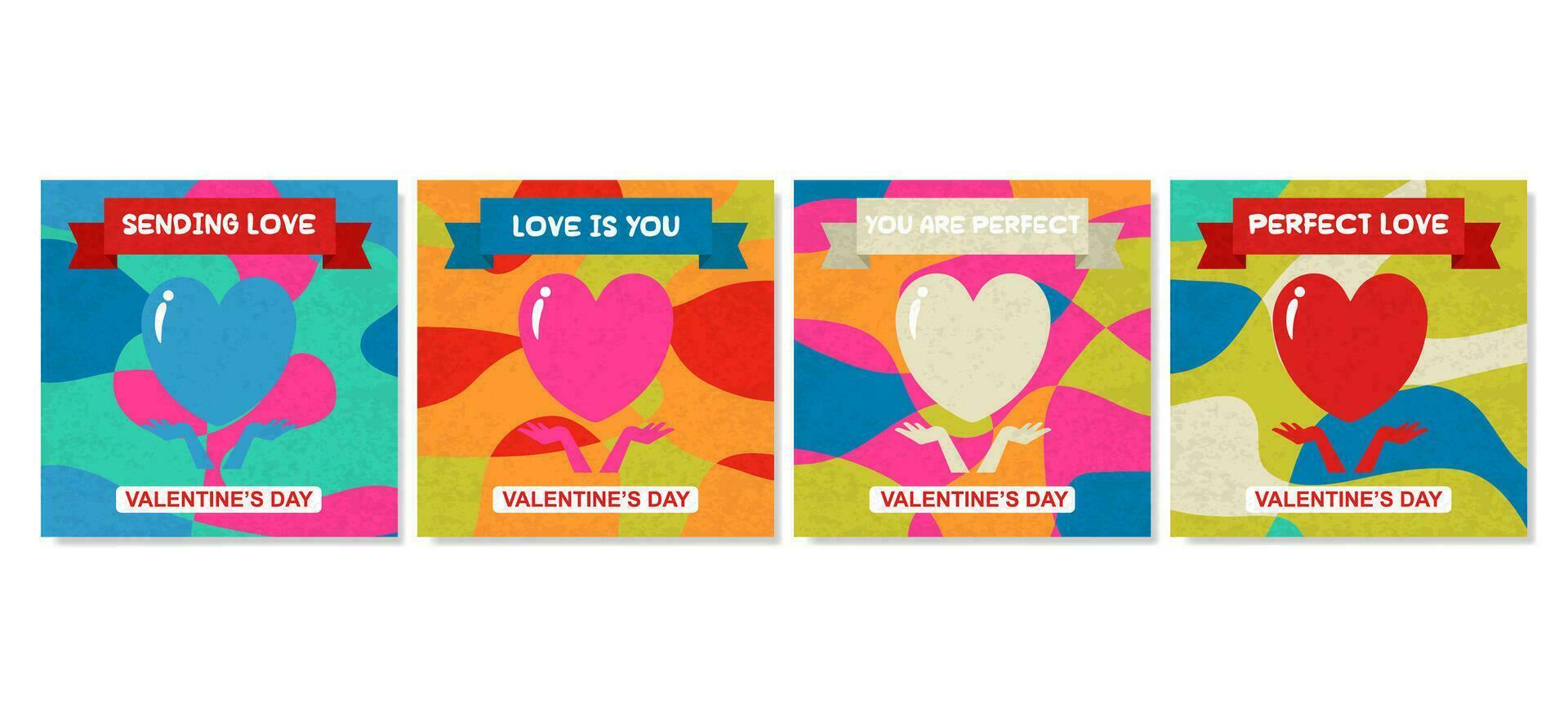 Creative concept of Happy Valentines Day cards set. Modern abstract art design with hearts  geometric shapes. Templates for celebration,  ads,  branding, banner,  cover,  label,  poster,  sales. vector